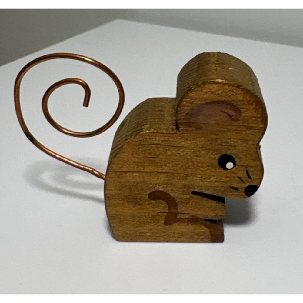Handcrafted Wooden Mouse  With Copper Tail 1.25" Folk Art Dollhouse